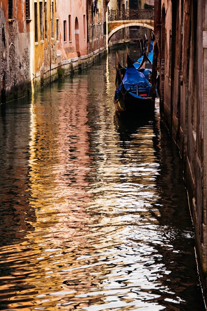 Gondolas with blue covers moored on a narrow canal in Venice, bordered by historic buildings and crossed by an arched pedestrian bridge, Veneto, Italy.