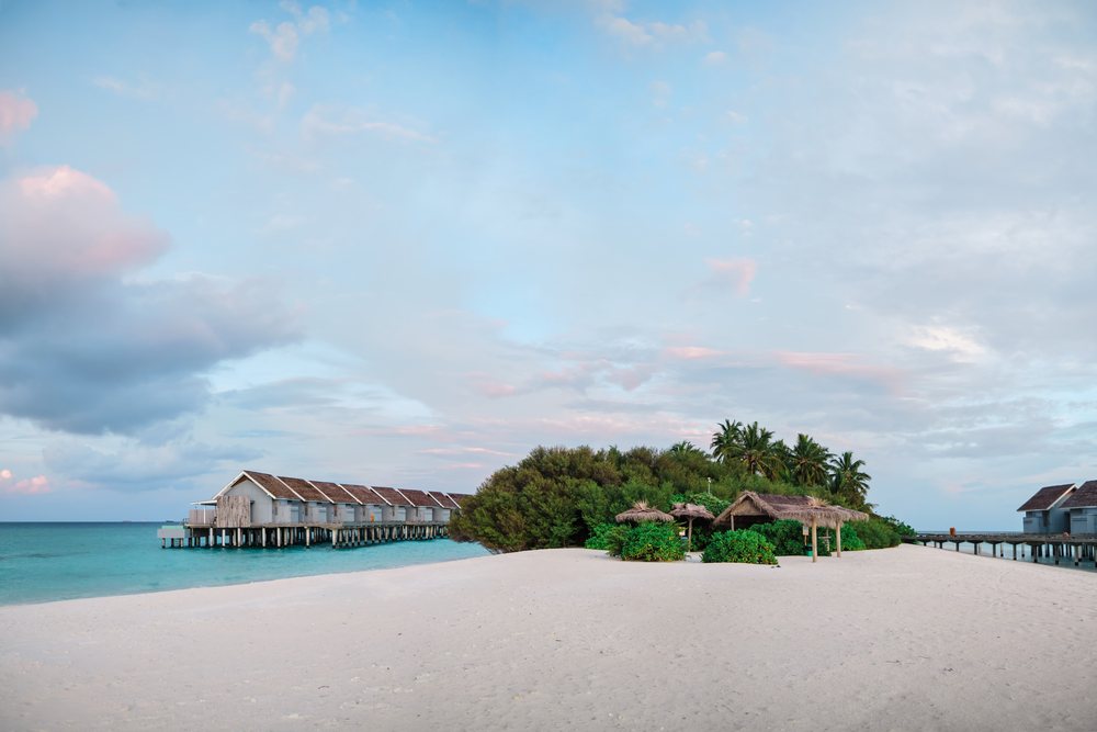 Tropical beach with overwater bungalows and palm trees in a beach