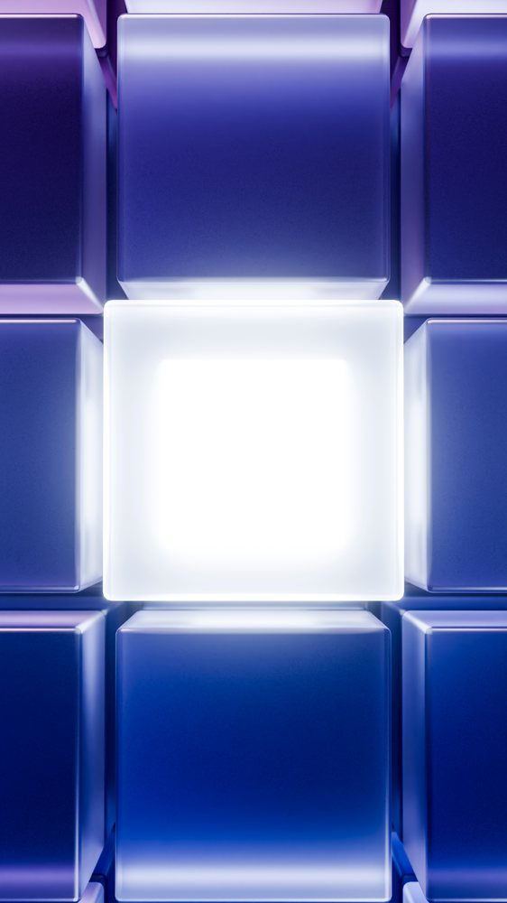 Glowing white cube centered among multiple blue cubes arranged in a futuristic geometric 3D pattern emitting light.