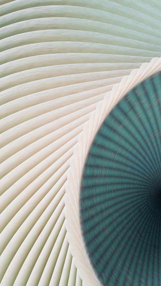 Close-up of a textured spiral pattern artwork with curved white lines surrounding a central green circular element.