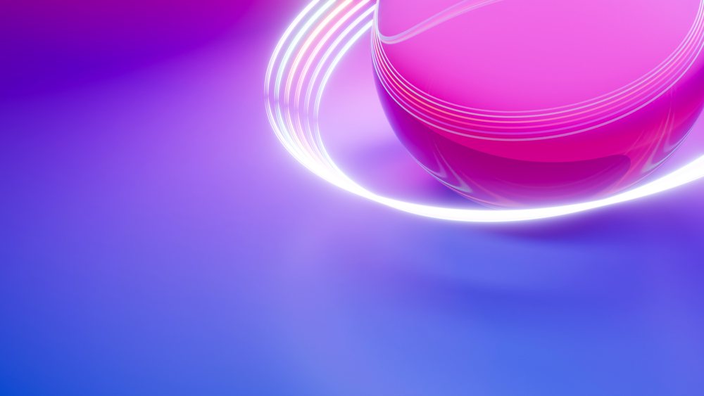 Digital illustration of a glowing pink sphere with white light rings on a smooth purple gradient background.