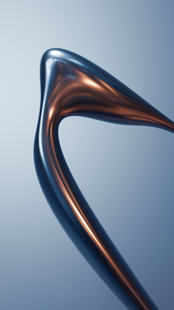 Abstract smooth twisted metallic form in blue and orange with reflective surfaces in a modern digital 3D illustration.