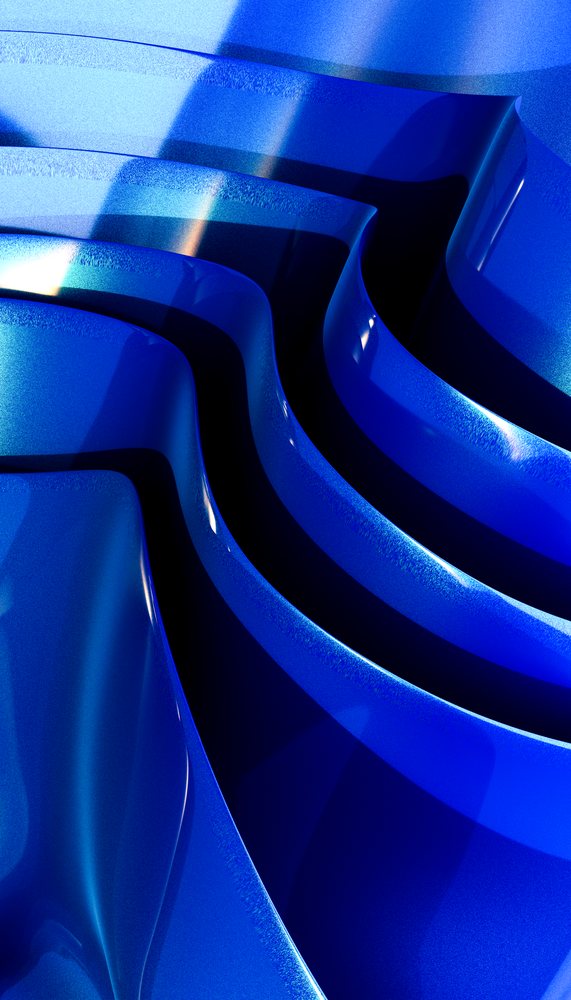 Blue glossy curved abstract shapes with reflective surfaces creating a smooth modern artistic pattern.