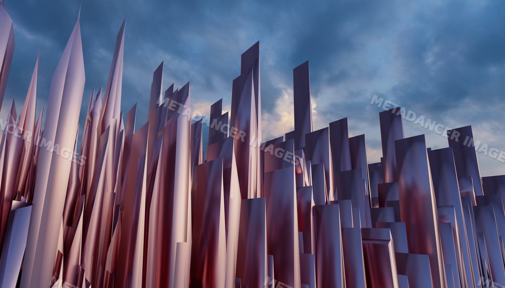 Abstract sharp metallic structures reflecting light under a cloudy sky