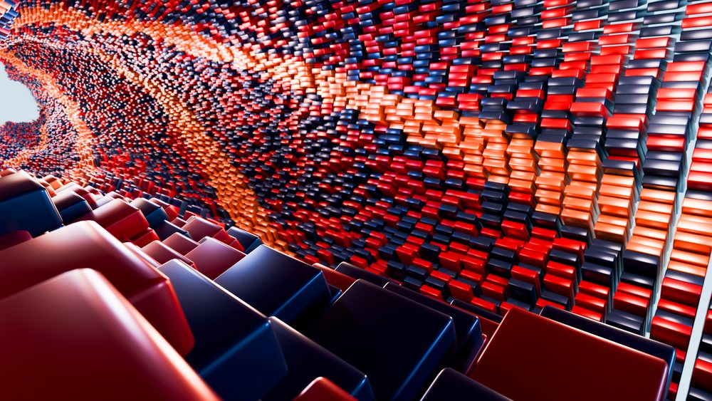 3D blocks in red, orange, and blue form a dynamic abstract wave pattern with glossy and matte surfaces.