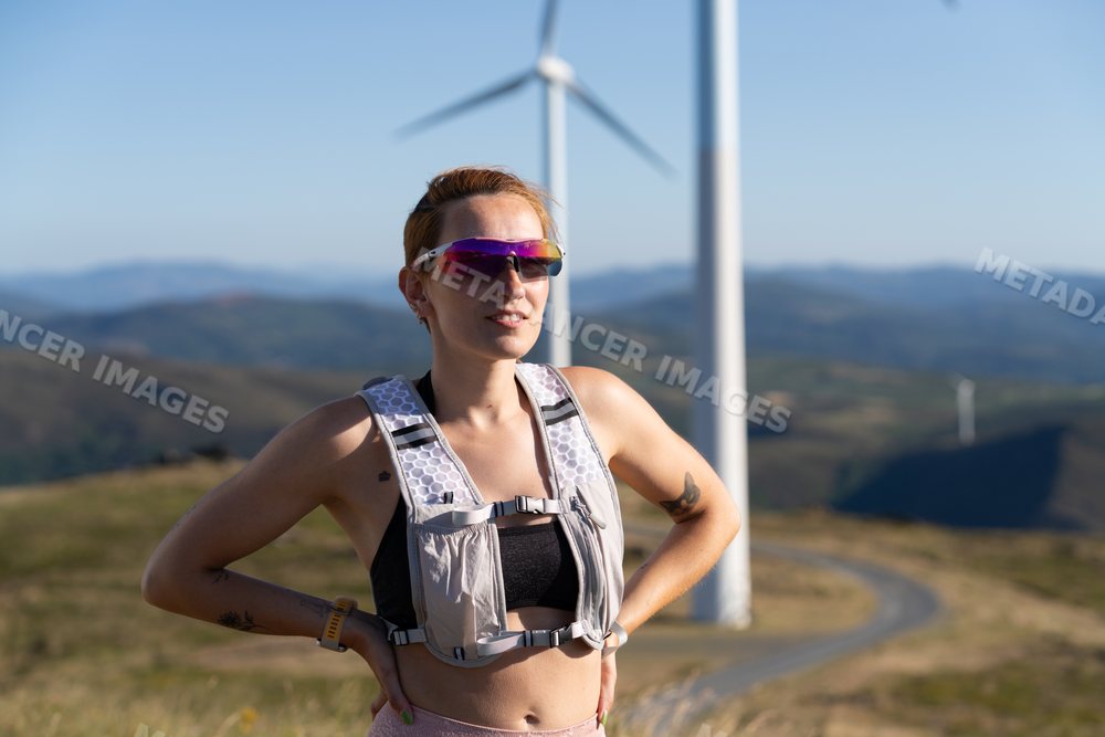 White Woman runner wearing hydration vest on mountain trail