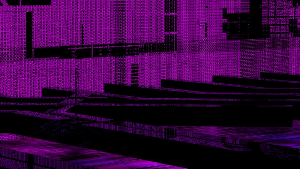 Abstract 3D digital illustration featuring glowing purple and black geometric patterns with complex textures in a futuristic style.