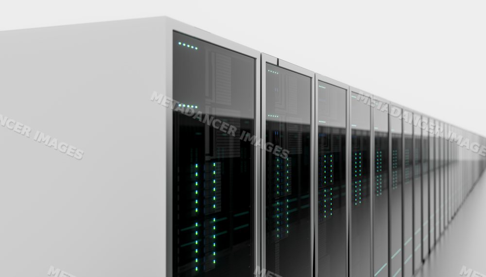 A row of server racks with illuminated lights in a data center
