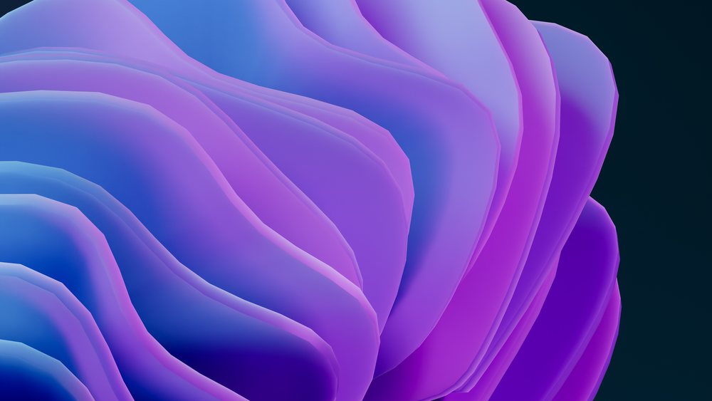 Abstract 3D render featuring layered purple and blue shapes on a dark background.