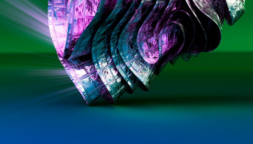 Colorful curled film strip with purple and blue tones against a green and blue gradient background.