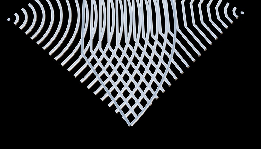 White intersecting curved lines forming a geometric lattice pattern on a black background.