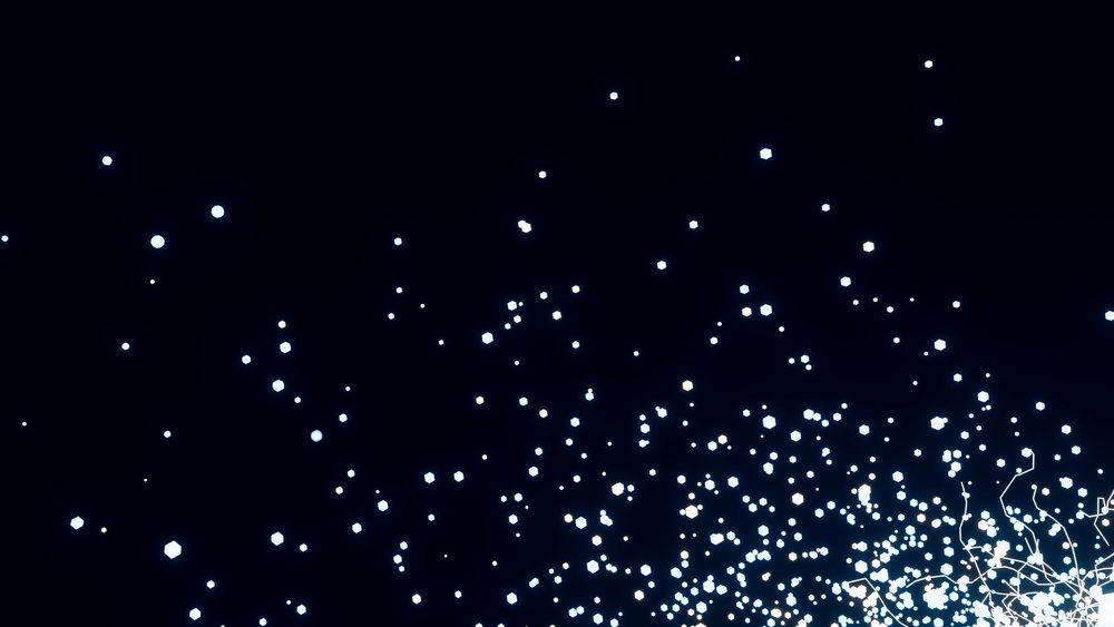 Blue glowing light dots scattered on a dark background forming an abstract digital pattern.