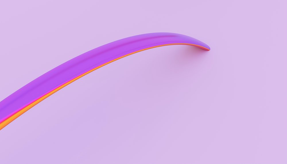 Abstract curved purple and orange shape with a smooth surface on a soft pastel pink background in minimalist 3D digital art.