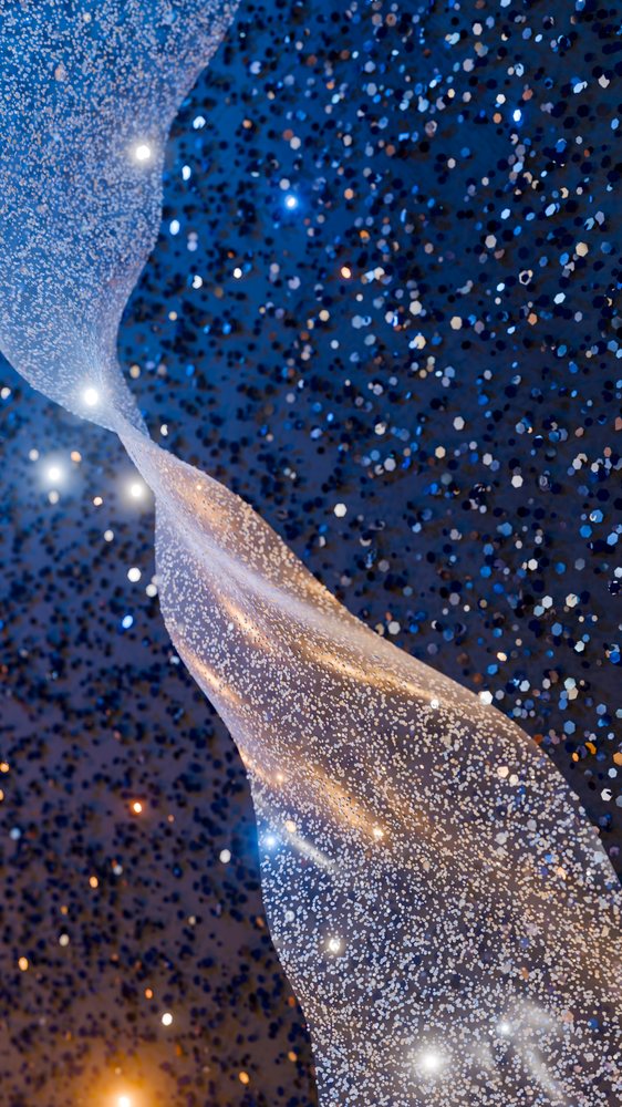 Blue glitter particles swirl around a twisting decorative ribbon with shining reflections in an abstract festive pattern.