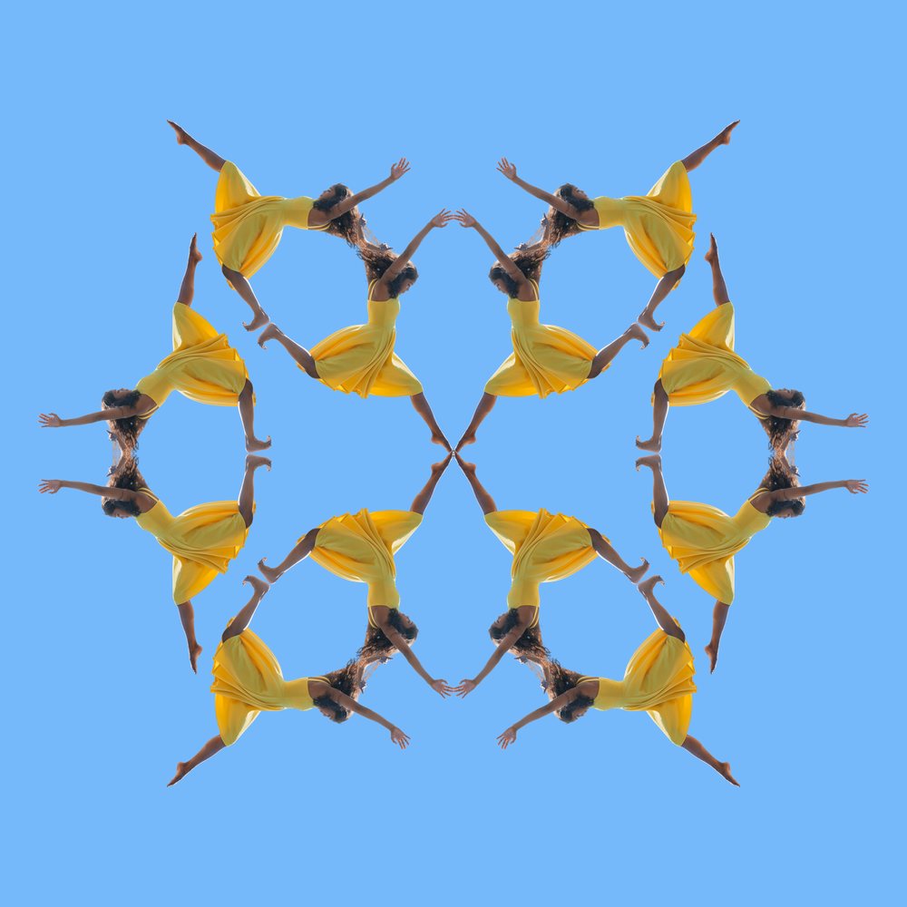 Woman in yellow dress performing a graceful dance pose arranged in a kaleidoscope mandala pattern on a blue background.