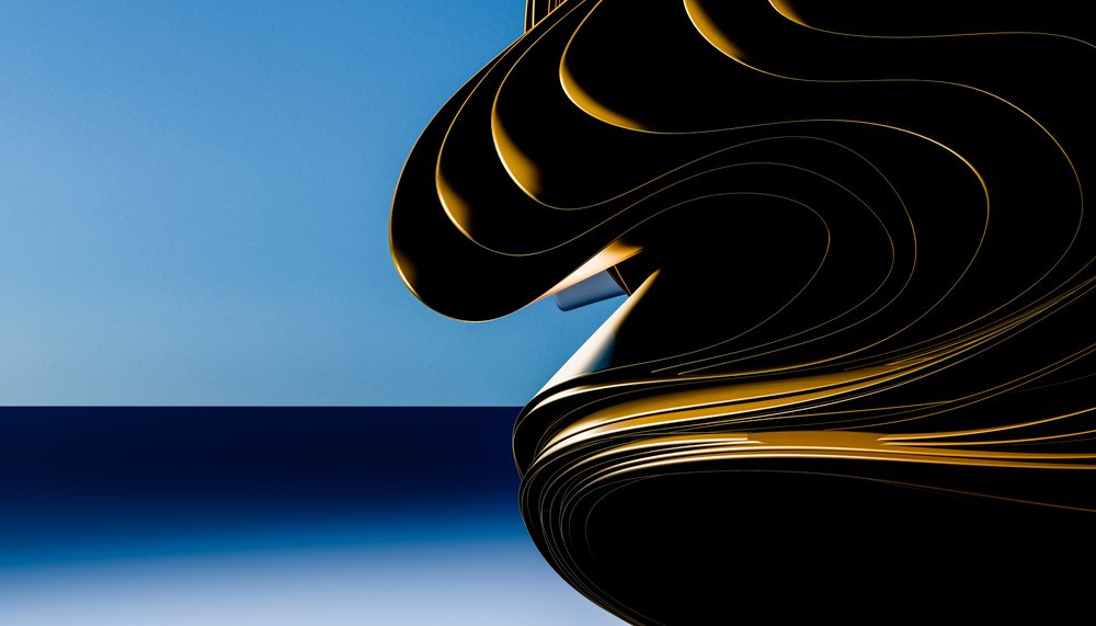Abstract black and gold curved sculpture with smooth layers against a blue gradient background under studio lighting.
