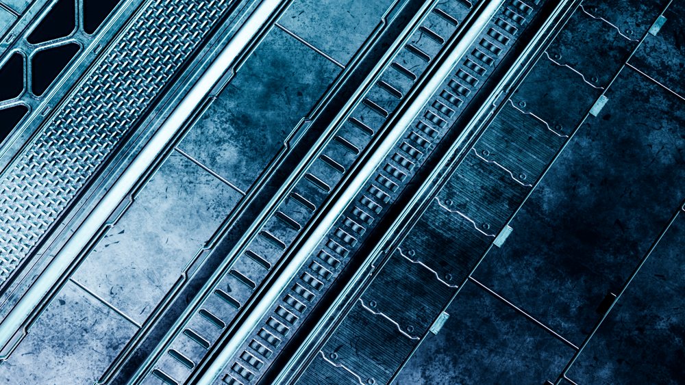 Close-up view of blue tinted industrial steel panels.