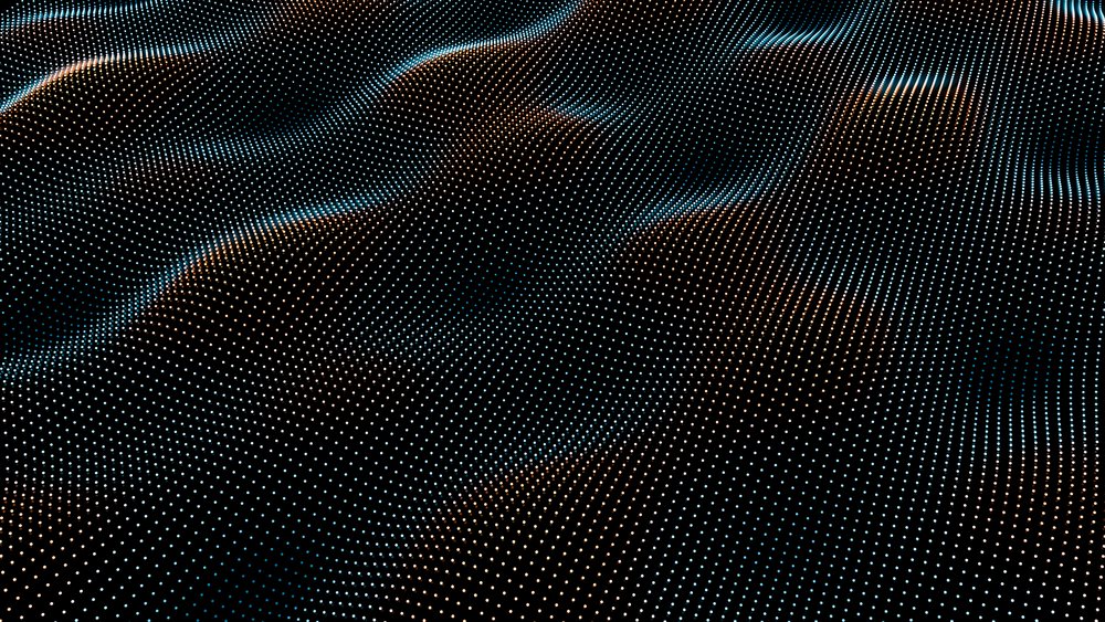 Digital abstract art showing a wavy surface of blue and orange dots forming a dynamic 3D mesh pattern on a black background.