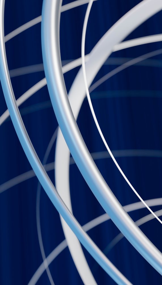 Curved white and blue abstract lines swirling dynamically against a deep blue background in a 3D digital art composition.