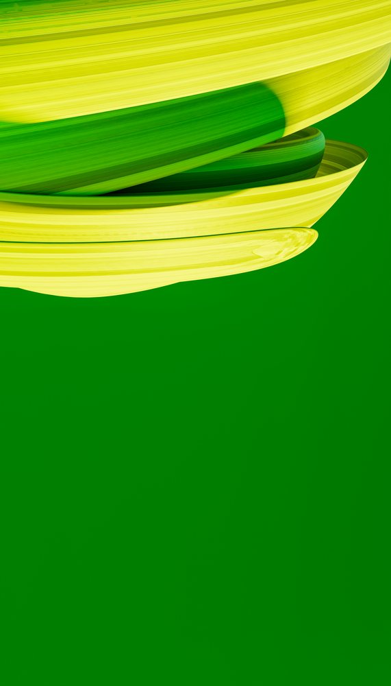 Close-up view of a stack of green and yellow ceramic plates against a green background.