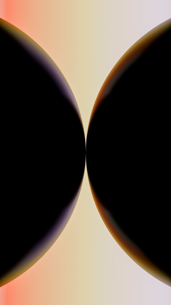 Abstract digital illustration featuring symmetrical black curved shapes on a smooth orange to purple gradient background.