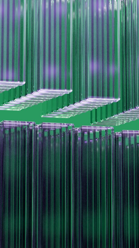 Vertical transparent glass prisms arranged symmetrically with light refraction and purple reflections on a green background.