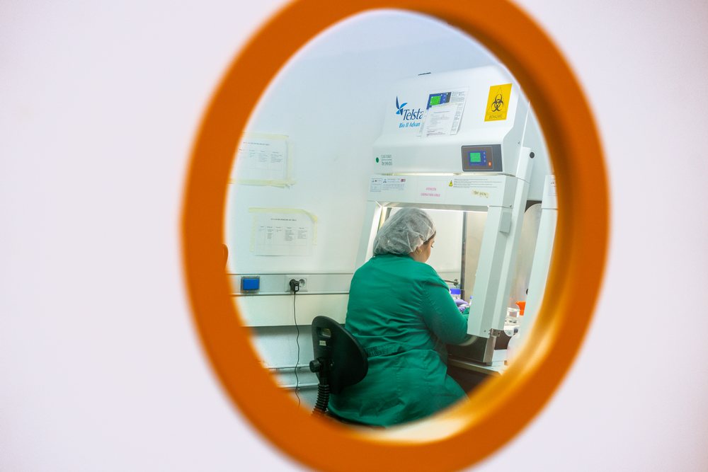 Scientist wearing green laboratory coat and hair net working inside a biosafety cabinet in a Seville laboratory, research, biology, Andalucía.