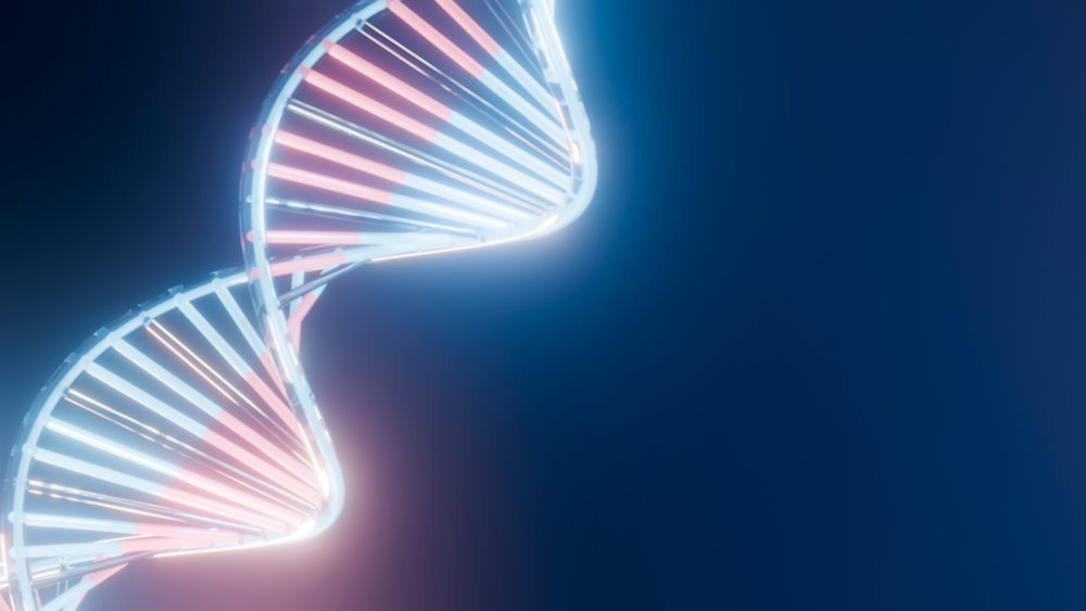 Digital illustration of a glowing double helix DNA strand on a blue background representing molecular genetics.
