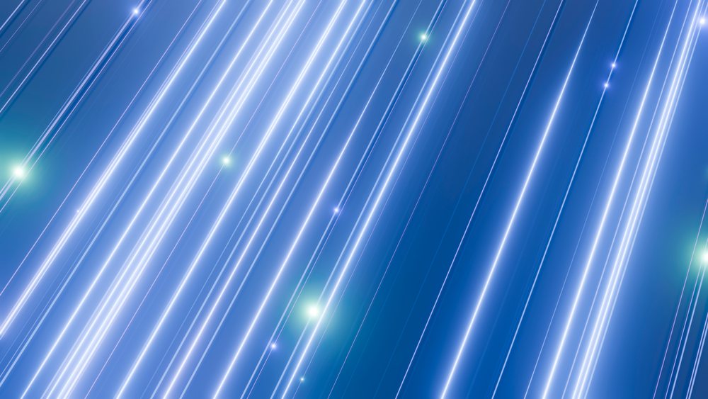 Abstract digital illustration featuring glowing white light streaks on a blue background with dynamic energy effects.