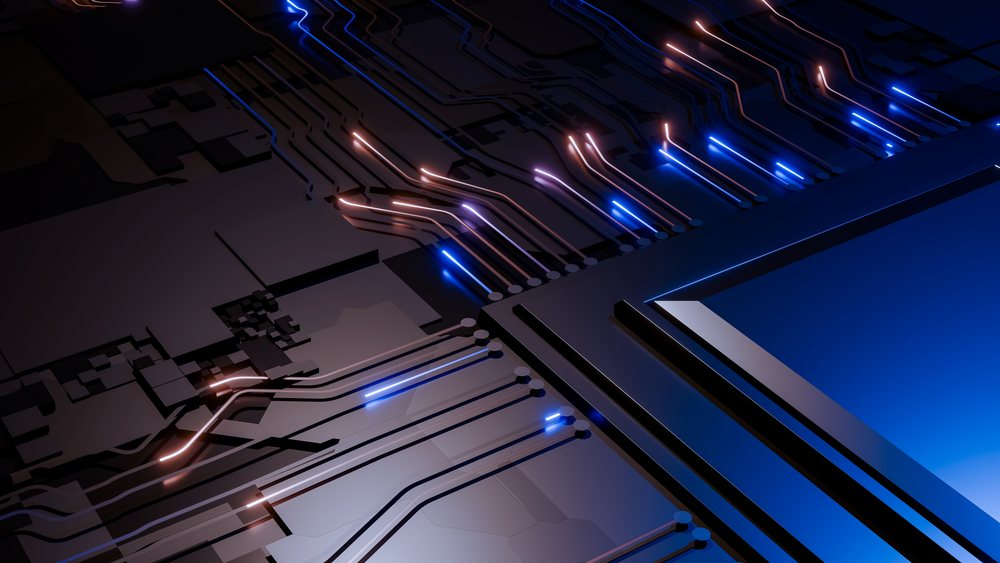Abstract render of a printed circuit board with glowing blue and orange lines illustrating digital pathways and electronic connections.