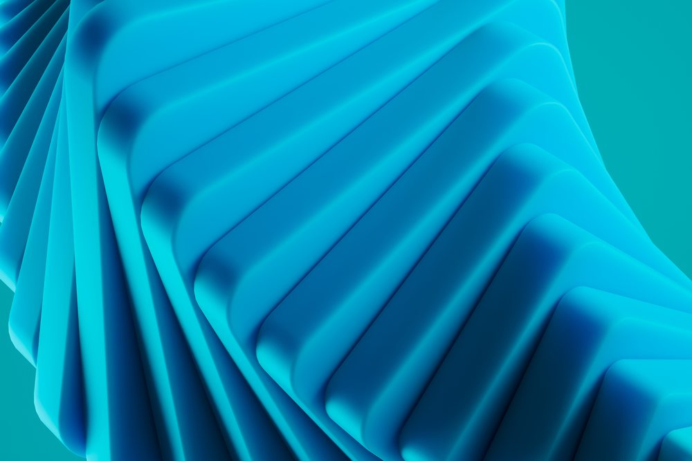 Abstract render of a twisting blue geometric shape with smooth curved surfaces.