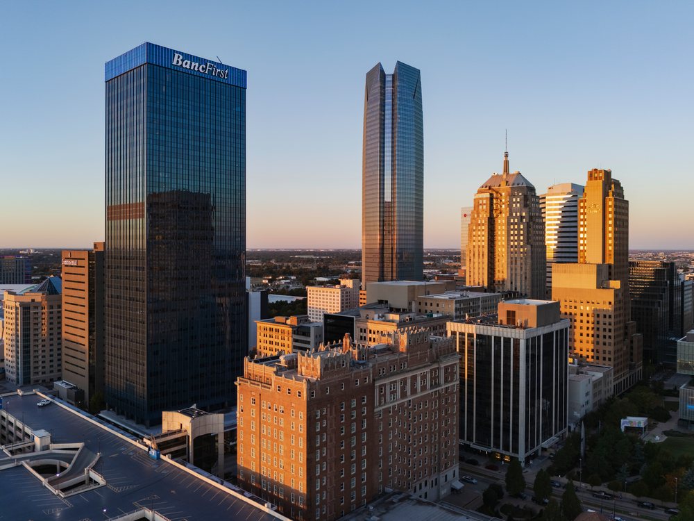 Urban Skyline of Oklahoma City at Sunrise, Americana, Historic, USA.