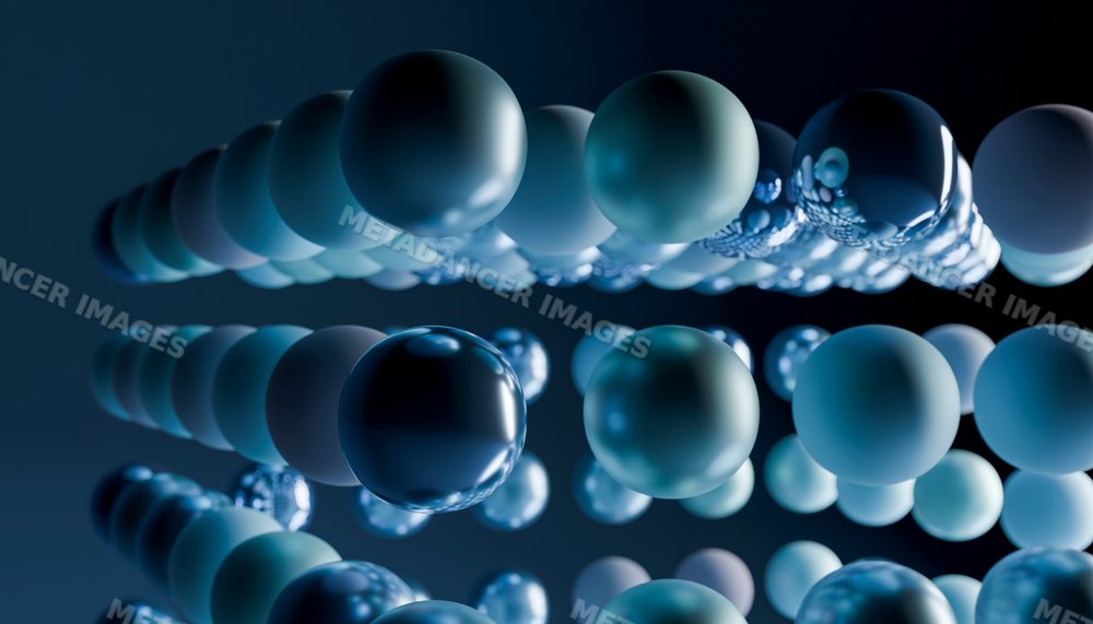 Floating blue spheres form an abstract geometric pattern on dark