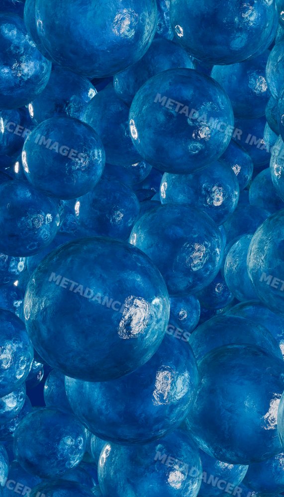 Rendering of glossy blue spheres clustered in an abstract illustration