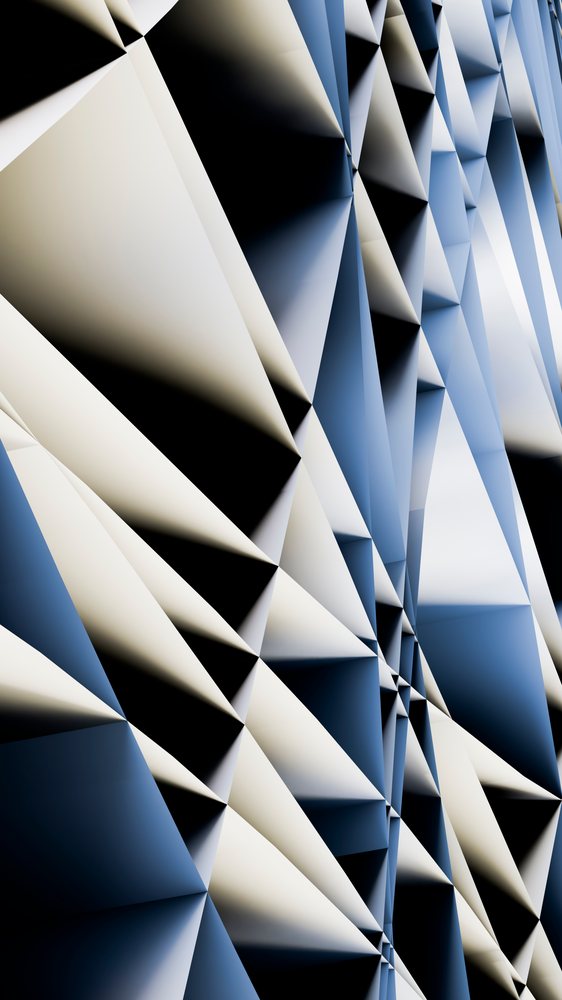 Geometric abstract pattern of blue and beige triangular shapes with gradient shading forming symmetrical 3D facets.