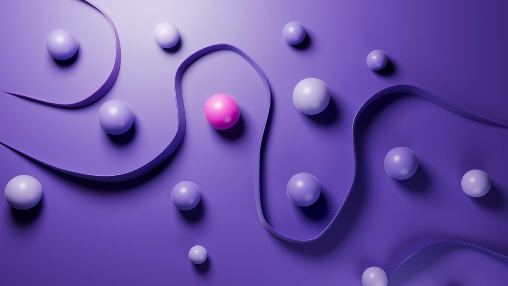 3D digital illustration featuring purple and pink spheres with curved ribbons on a smooth purple surface.