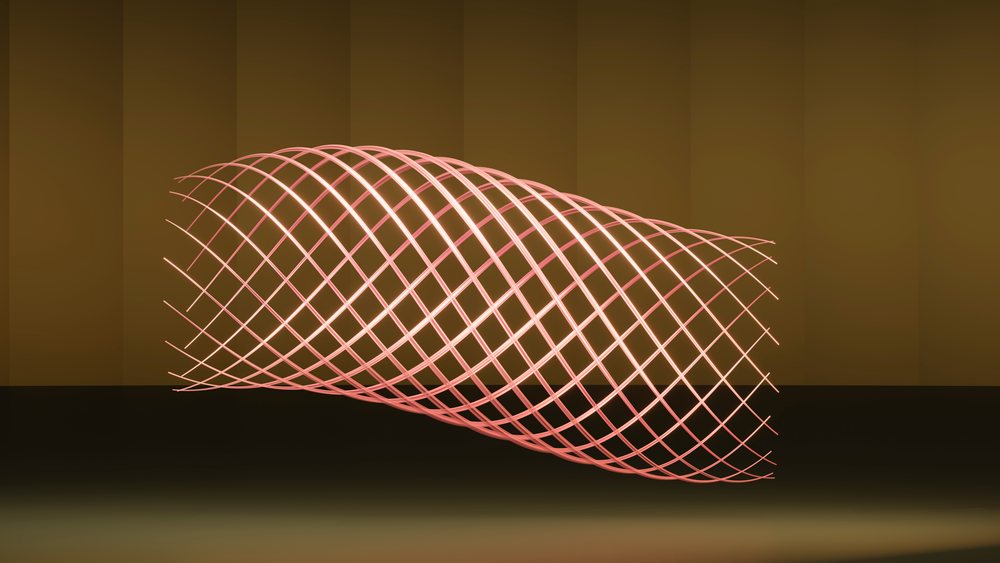 Abstract pink 3D wireframe lattice tube twisting against a brown gradient background.