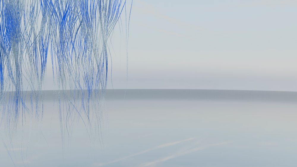Blue thin strands hanging over calm reflective water with a soft gradient sky in a minimalist serene scene.