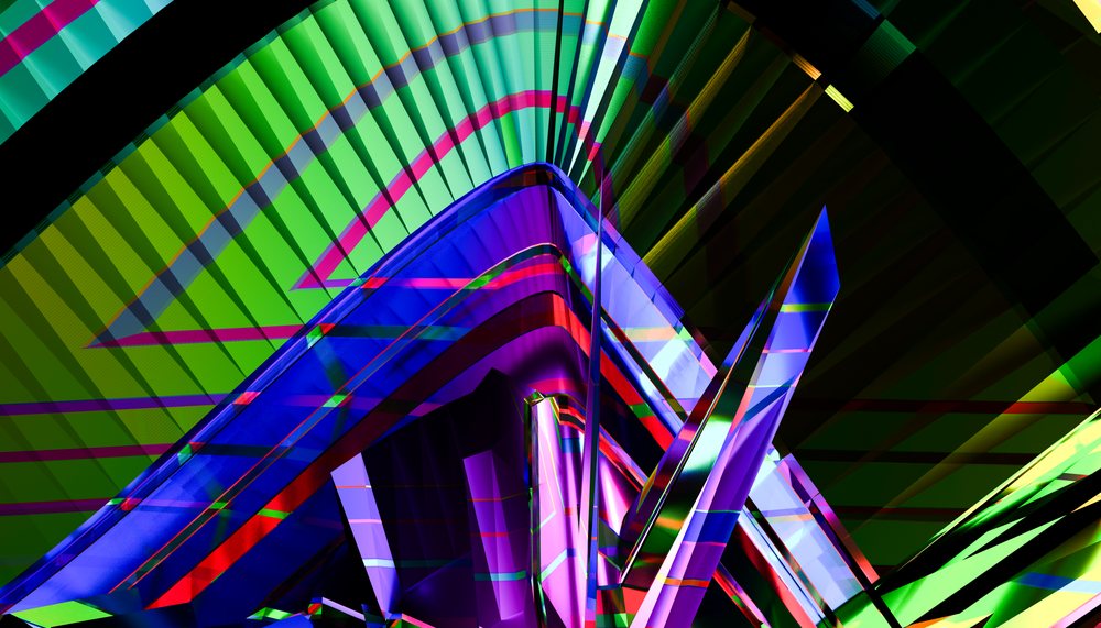 Abstract colorful glass-like geometric shapes with reflective surfaces forming a dynamic artistic composition.