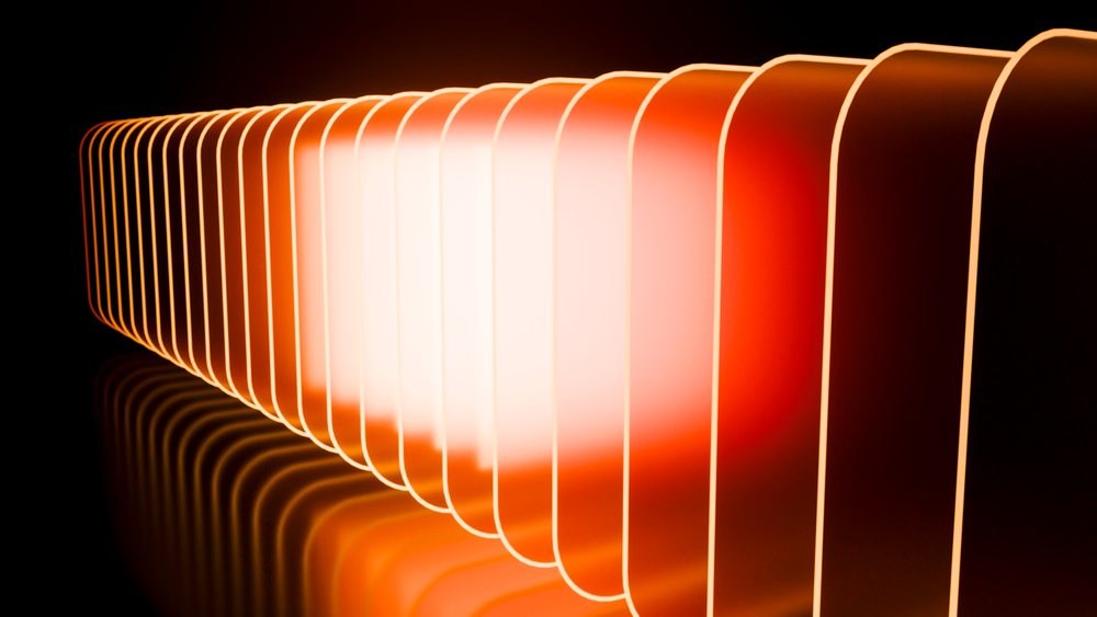 Row of glowing rounded orange rectangles reflected on a dark surface in an abstract digital illustration.
