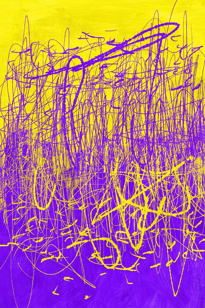 Abstract digital painting featuring chaotic purple and yellow scribbles forming a vibrant textured background, illustration.