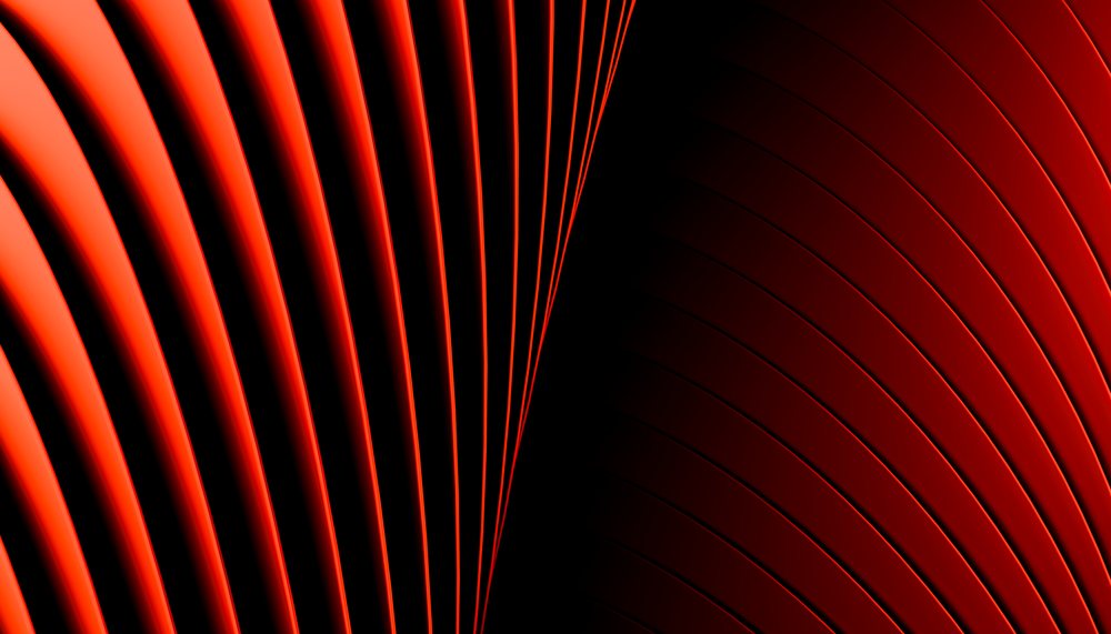 Abstract red curved lines and stripes create a dynamic pattern on a dark background with gradient shading.