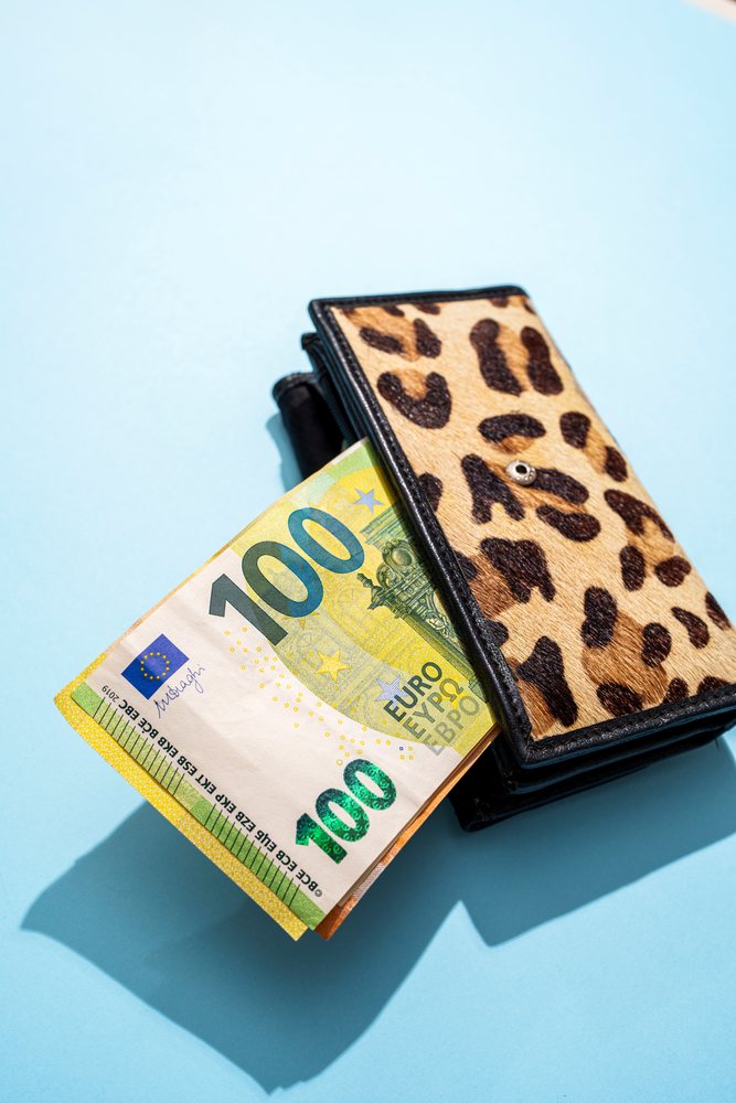 Leopard print wallet holding a 100 euro note on a blue surface, Studio Shot.