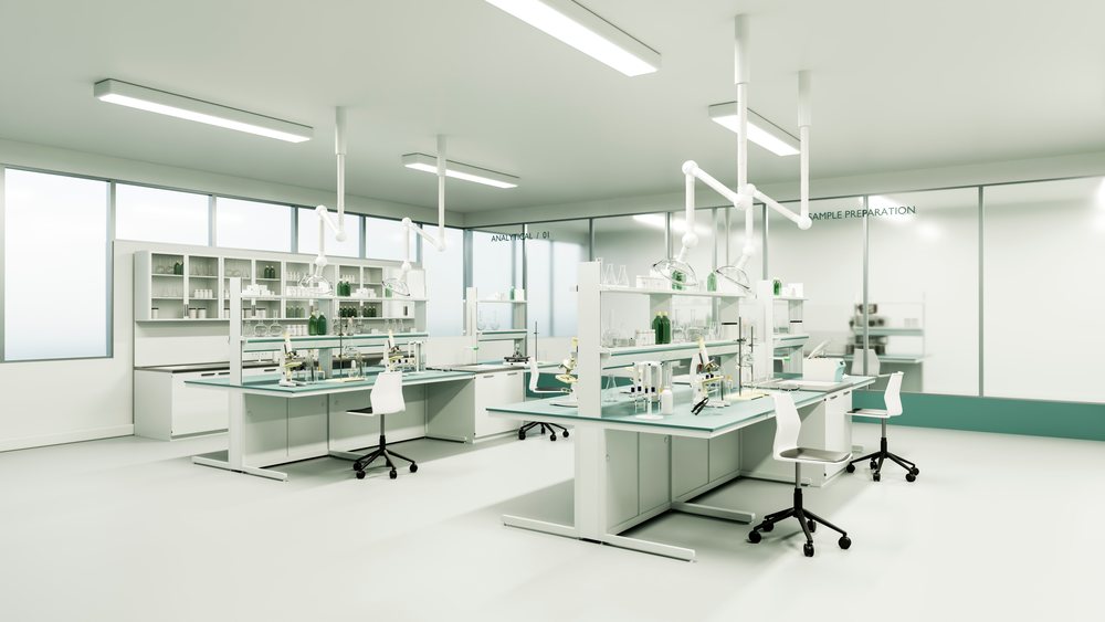 Bright modern laboratory with microscopes, glassware, and sample preparation area in a clean scientific workspace.