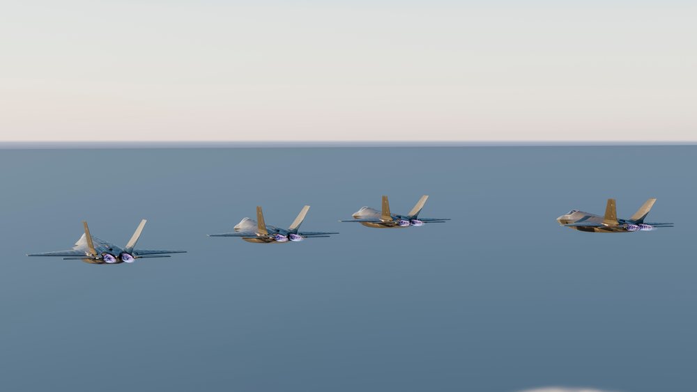 Four fighter jets flying in formation with afterburners active over a clear blue sky, defense, war, security, military.