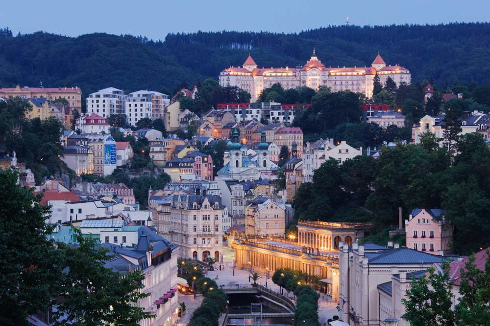Evening view of Karlovy Vary cityscape, Bohemia, Czech Republic.
