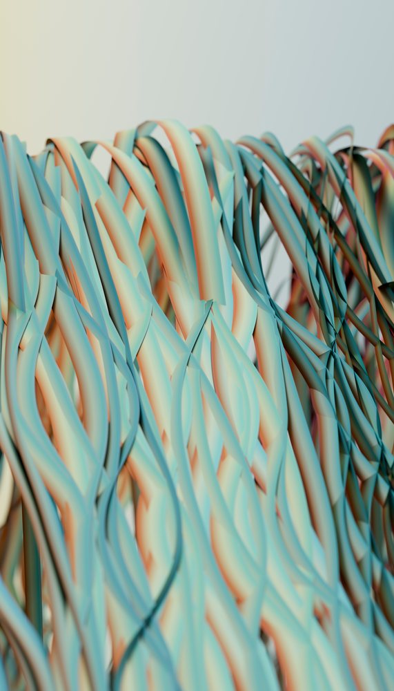 Interwoven twisted strands with blue and orange gradient in a digital abstract design.