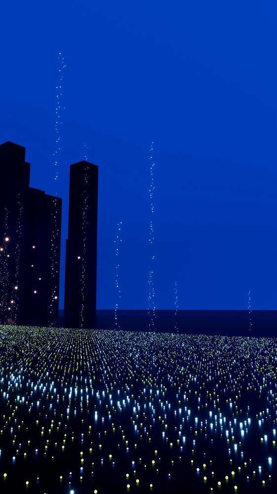 Digital lights form vertical pillars and dotted patterns on a dark blue background in an abstract futuristic scene.