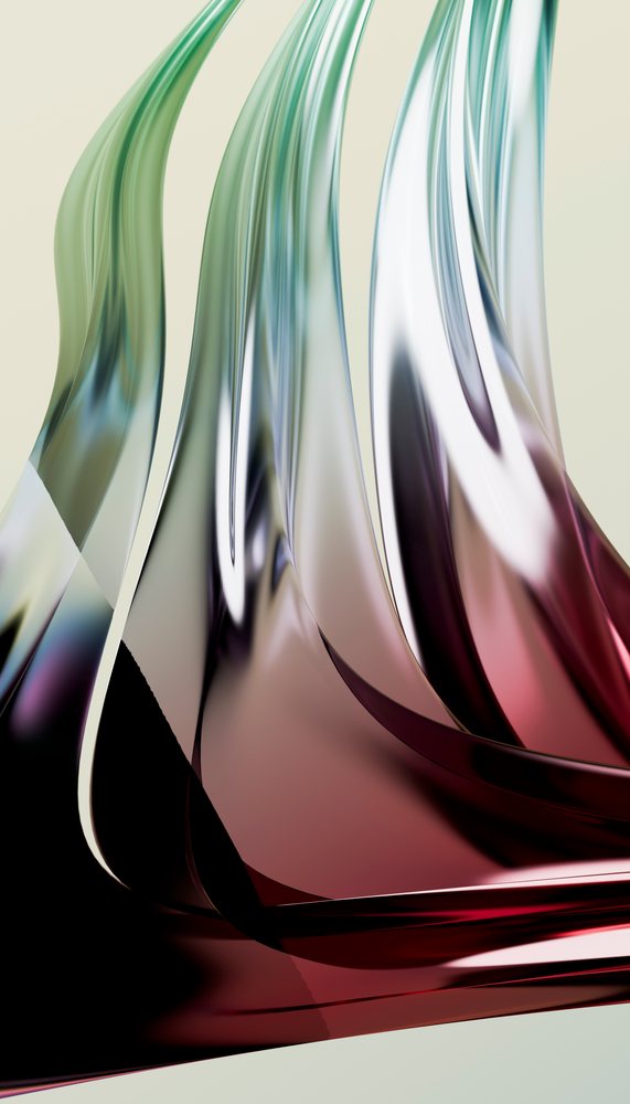Abstract digital art displaying curved, colorful transparent glass shapes with smooth reflections on a neutral background.