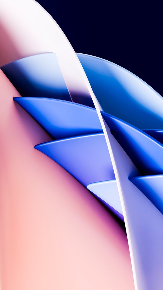 Digital illustration showing overlapping blue, white, and pink curved shapes with smooth surfaces in a 3D style.